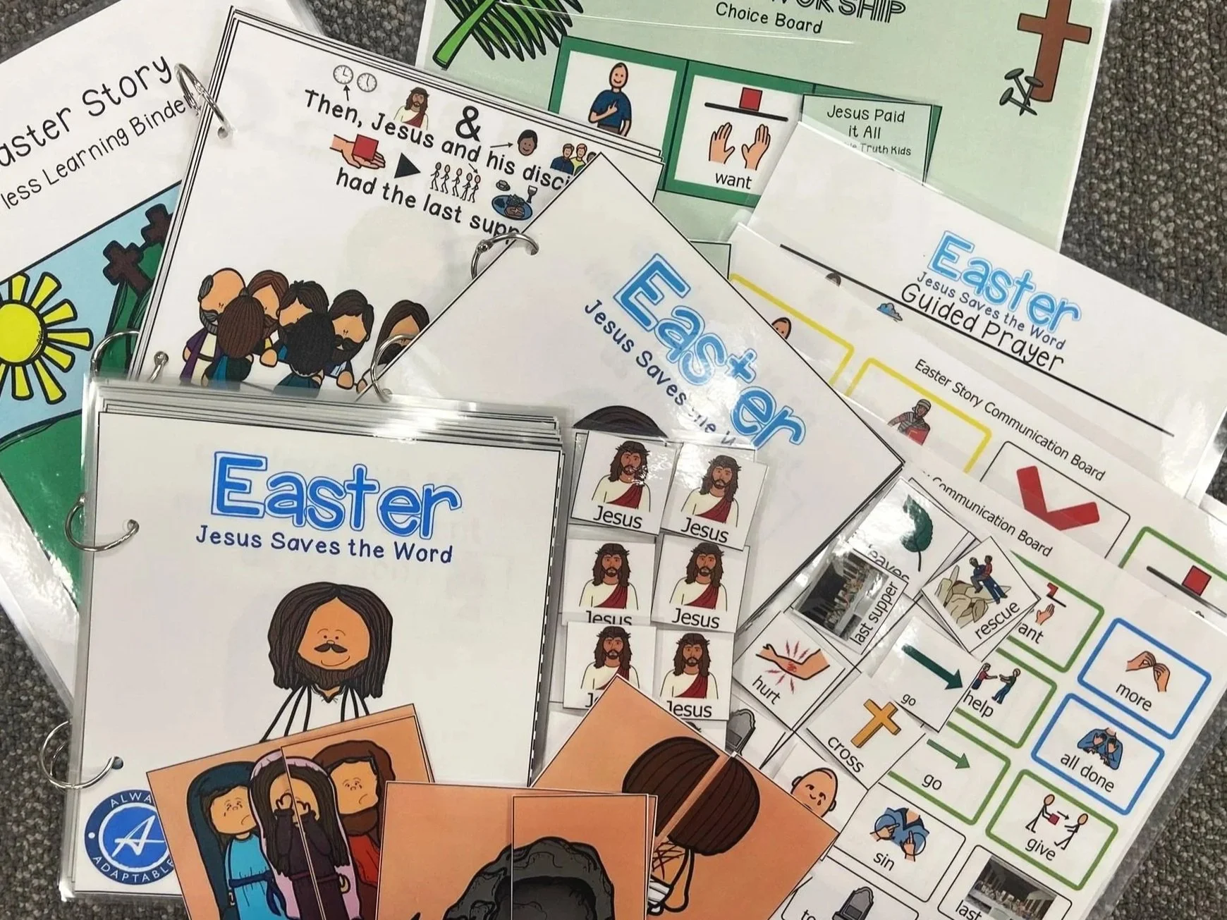 Collection of Easter-themed educational materials, including storyboards, communication and guided prayer boards, and illustrations of Jesus, with colorful graphics and text.