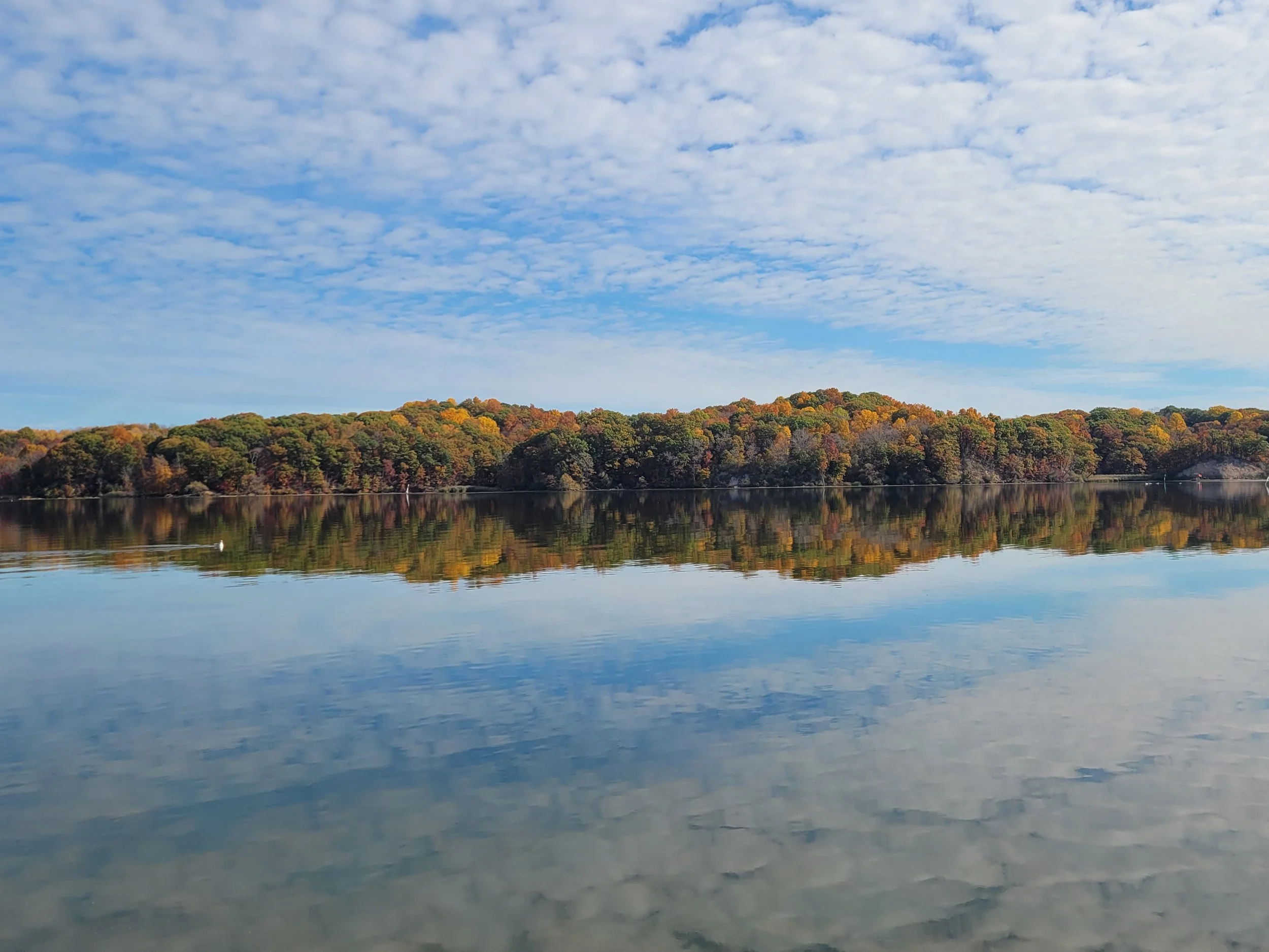 A calm lake reflecting colorful autumn trees under a partly cloudy sky.