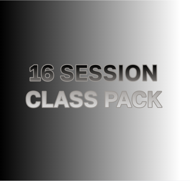 Gradient background with text '16 Session Class Pack' in black, white, and gray font.