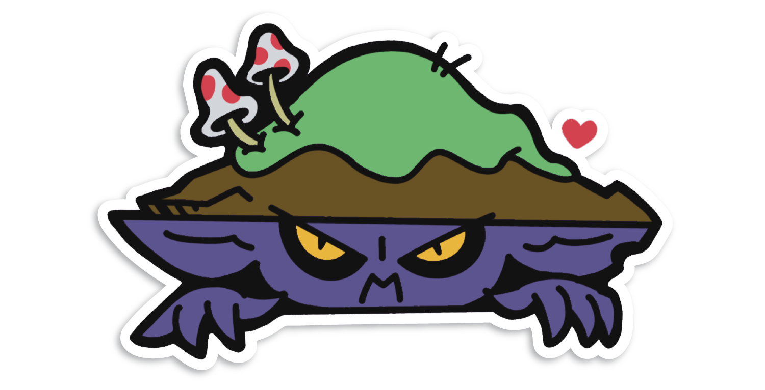 Cartoon illustration of a purple creature with yellow eyes and a green hat with mushrooms on top, appearing angry or annoyed.