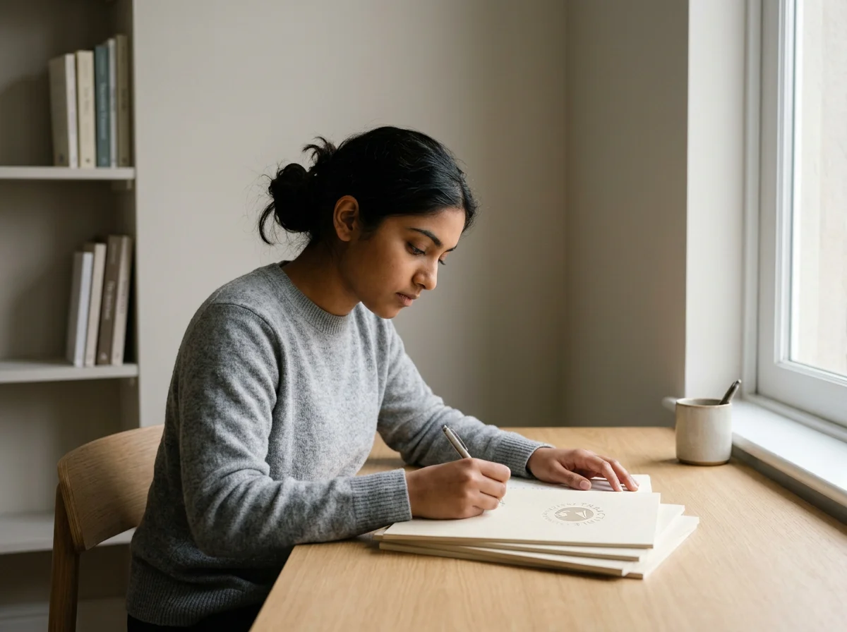 A woman writing in a notebook at a wooden desk by a window with a mug nearby.