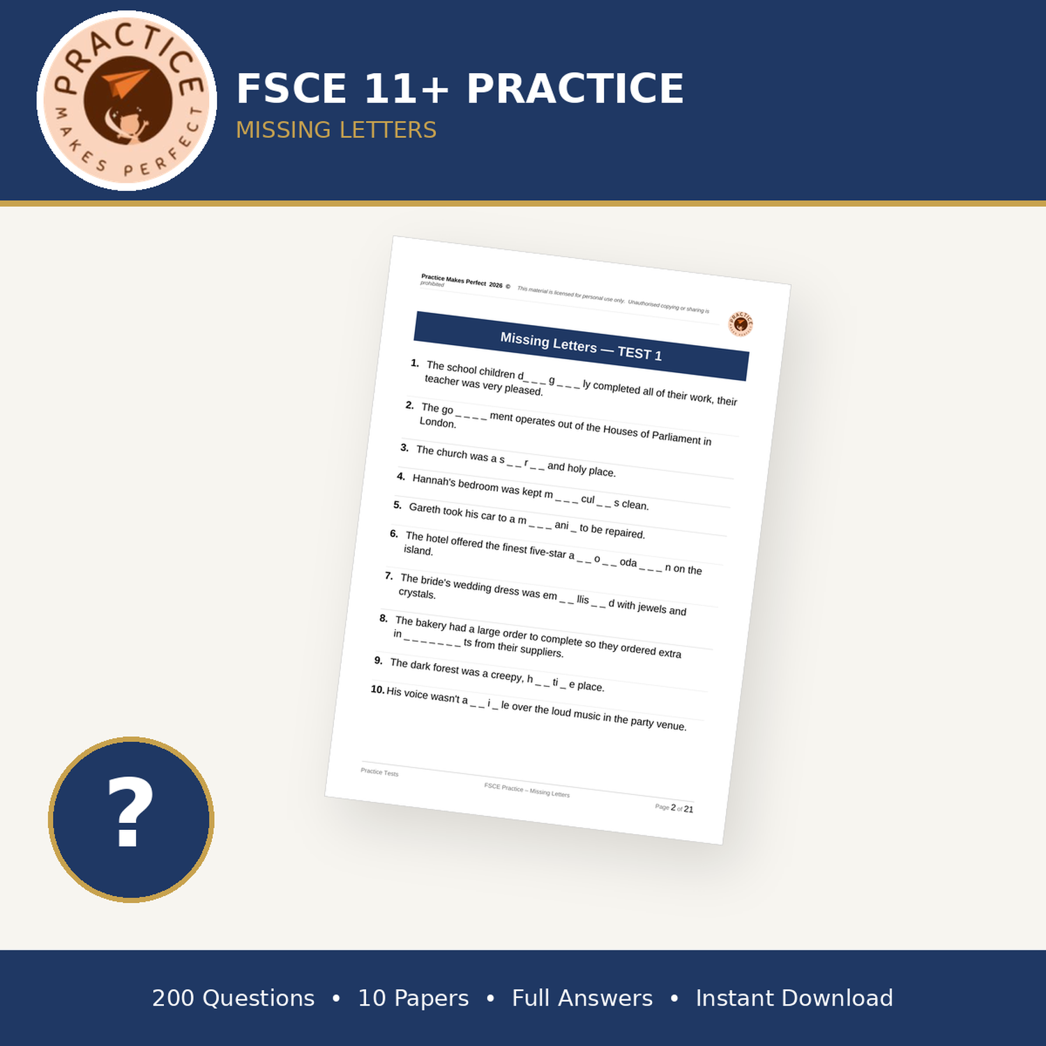 FSCE 11+ Missing Letters Sample Page
