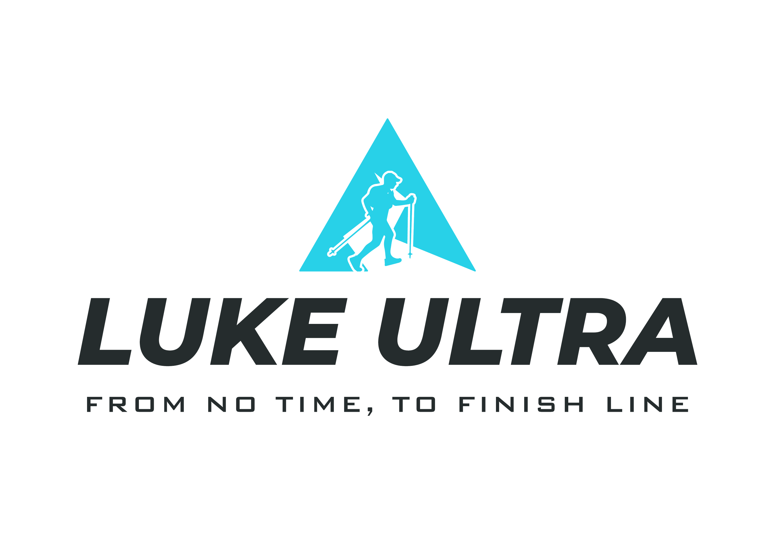 LUKE ULTRA logo with a blue triangle containing a hiker with a walking stick, and the tagline 'FROM NO TIME, TO FINISH LINE'