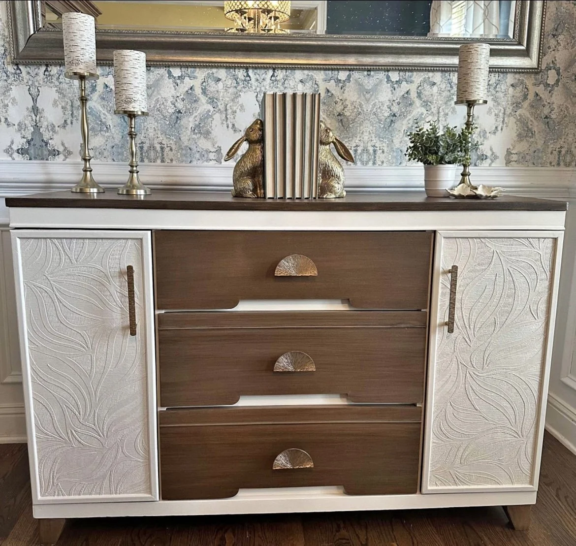 Buffet – Antique White & Rustic Brown with Gold Hardware - $595