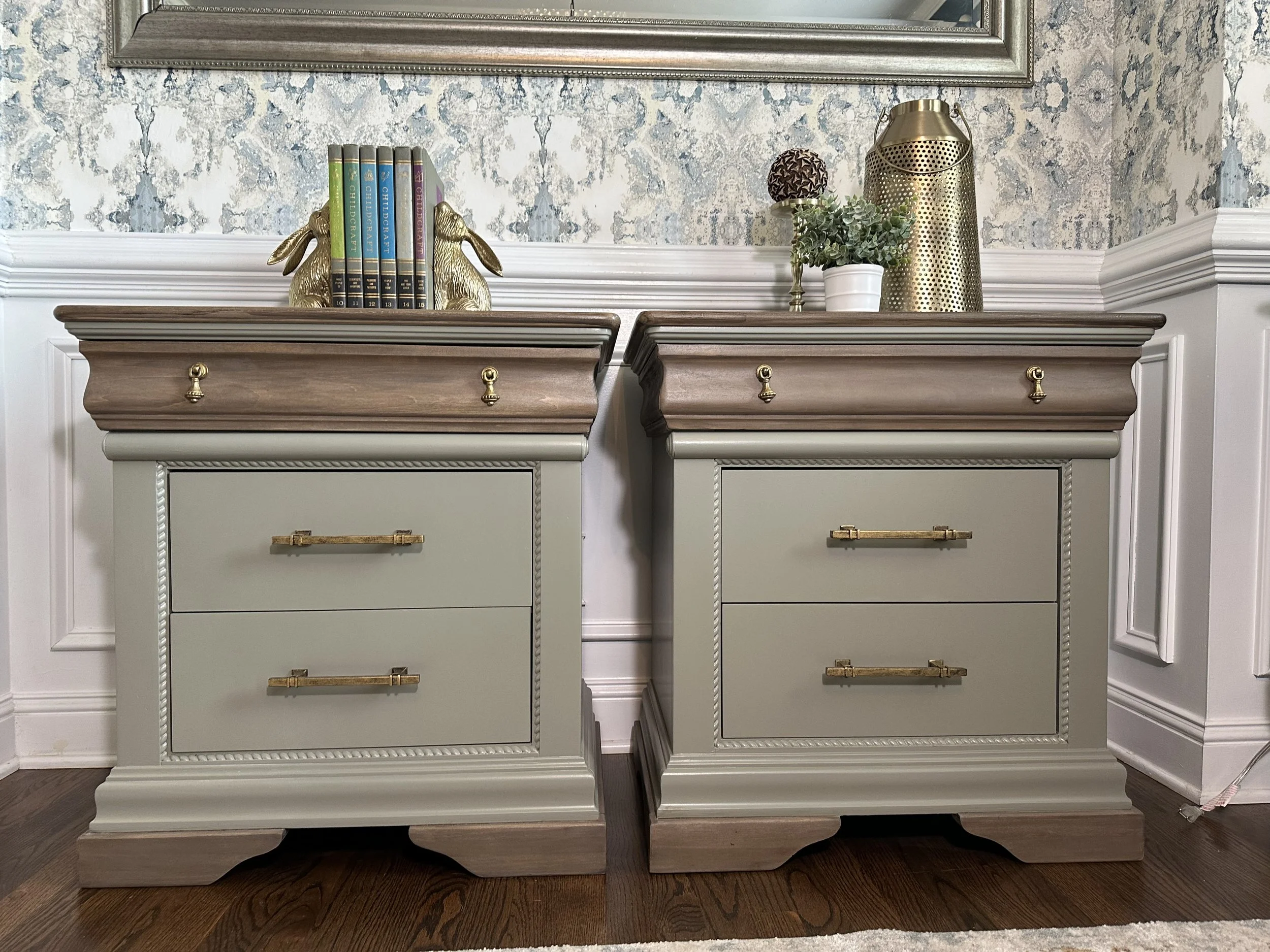 Beautiful Refinished Nightstands – Sage Green & Wood Stain | Set of 2