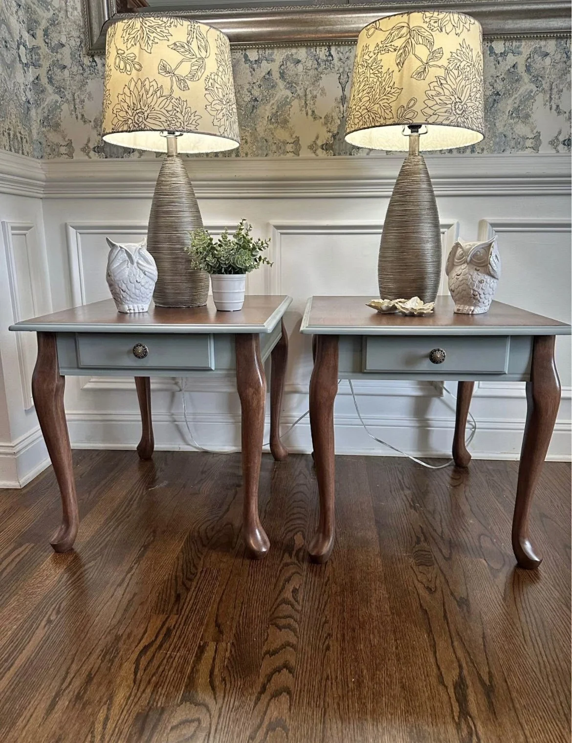 
Pair of Solid Wood End Tables – Robin’s Egg Blue & Dark Walnut Stain Finish