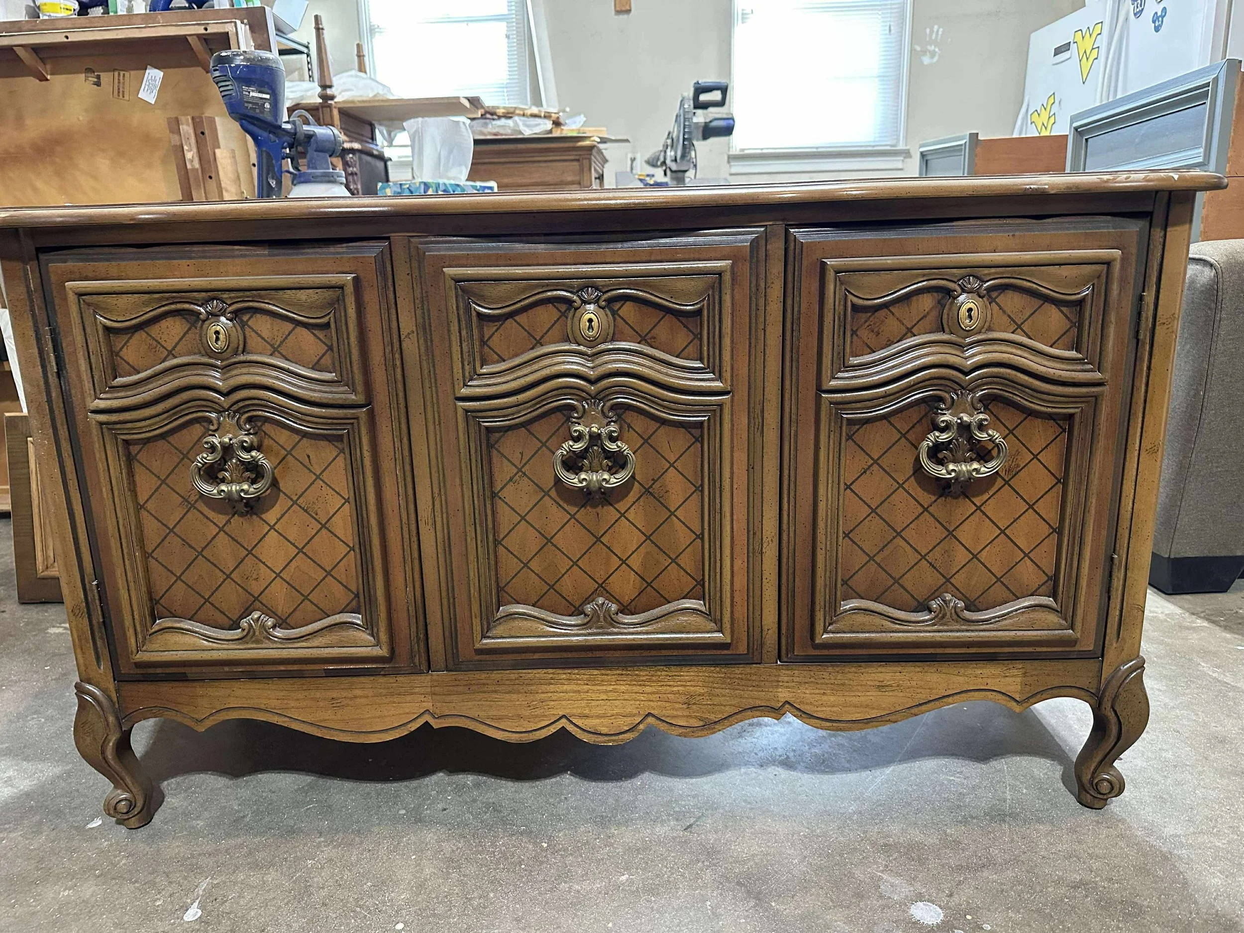Before-  French Provincial Buffet / Sideboard – Black with Cherry Top