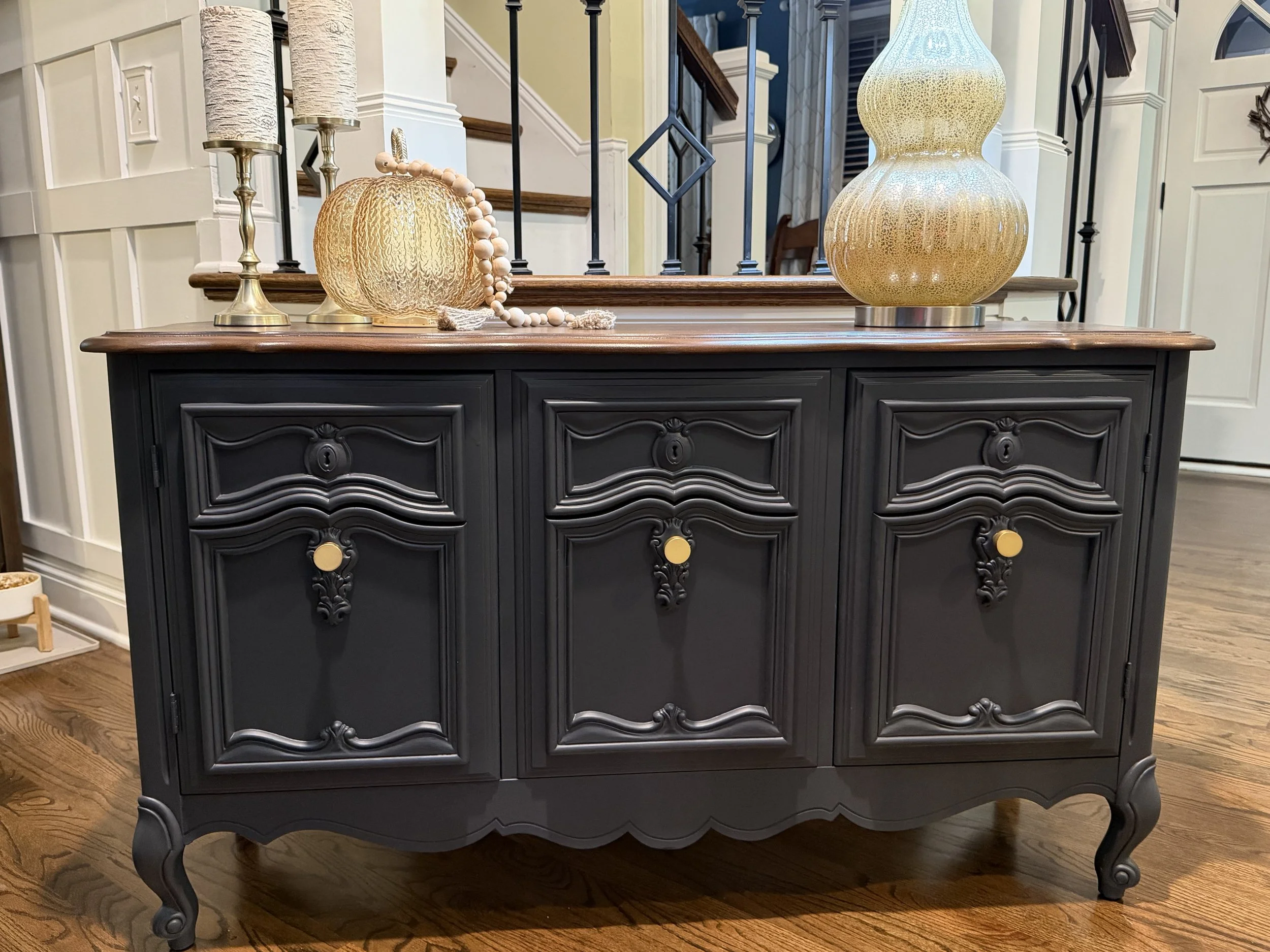  French Provincial Buffet / Sideboard – Black with Cherry Top