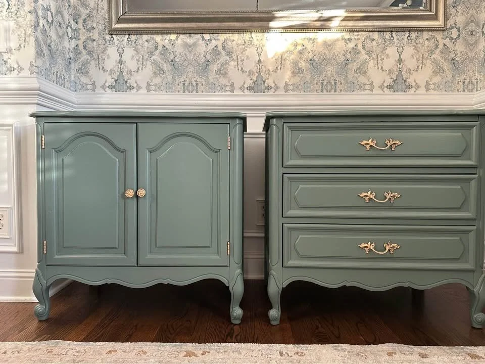 Pair of Coordinating French Provincial Nightstands - Succulent Green