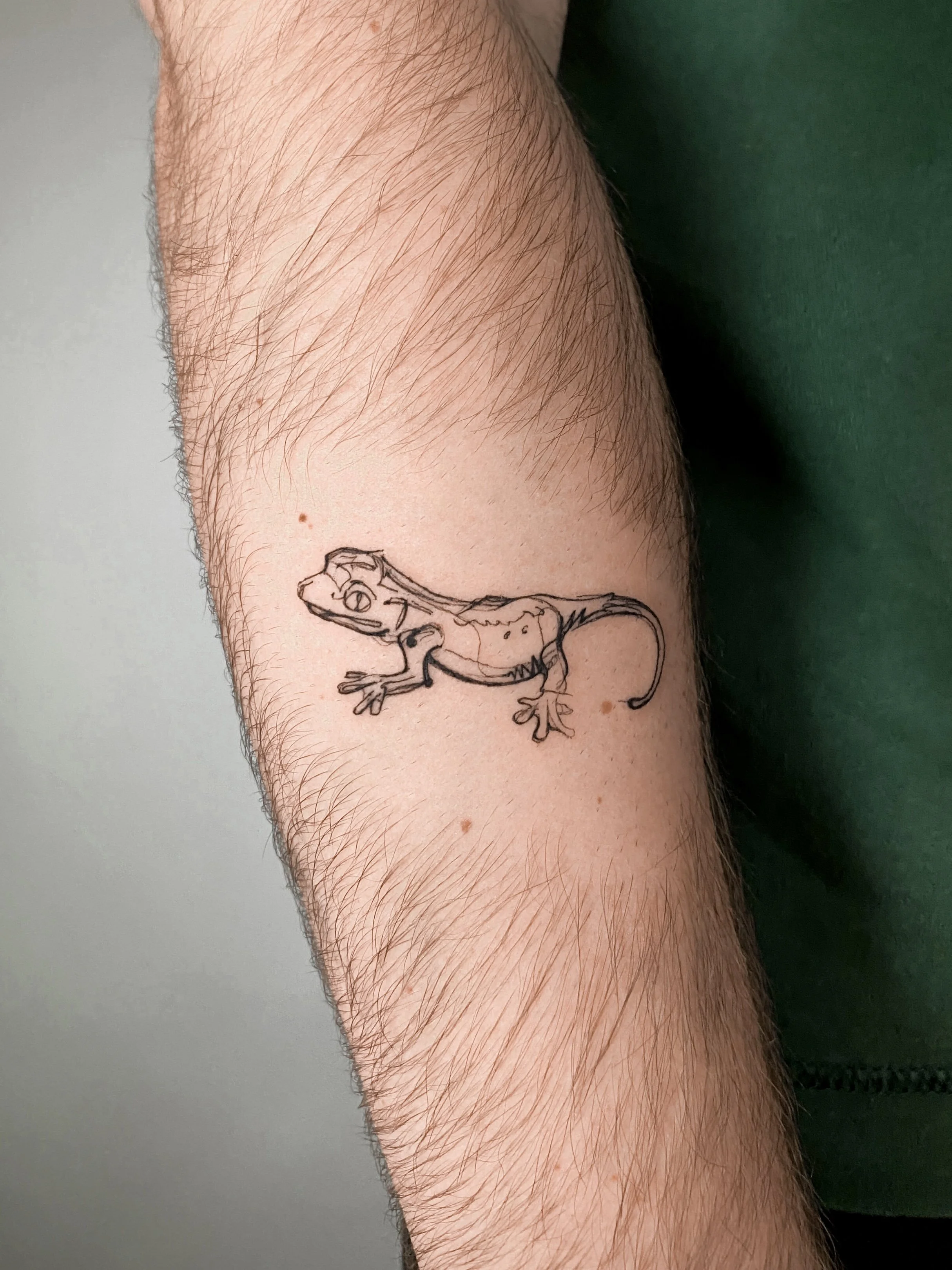 A tattoo of a small, black outline drawing of a cartoonish lizard on a person's forearm.