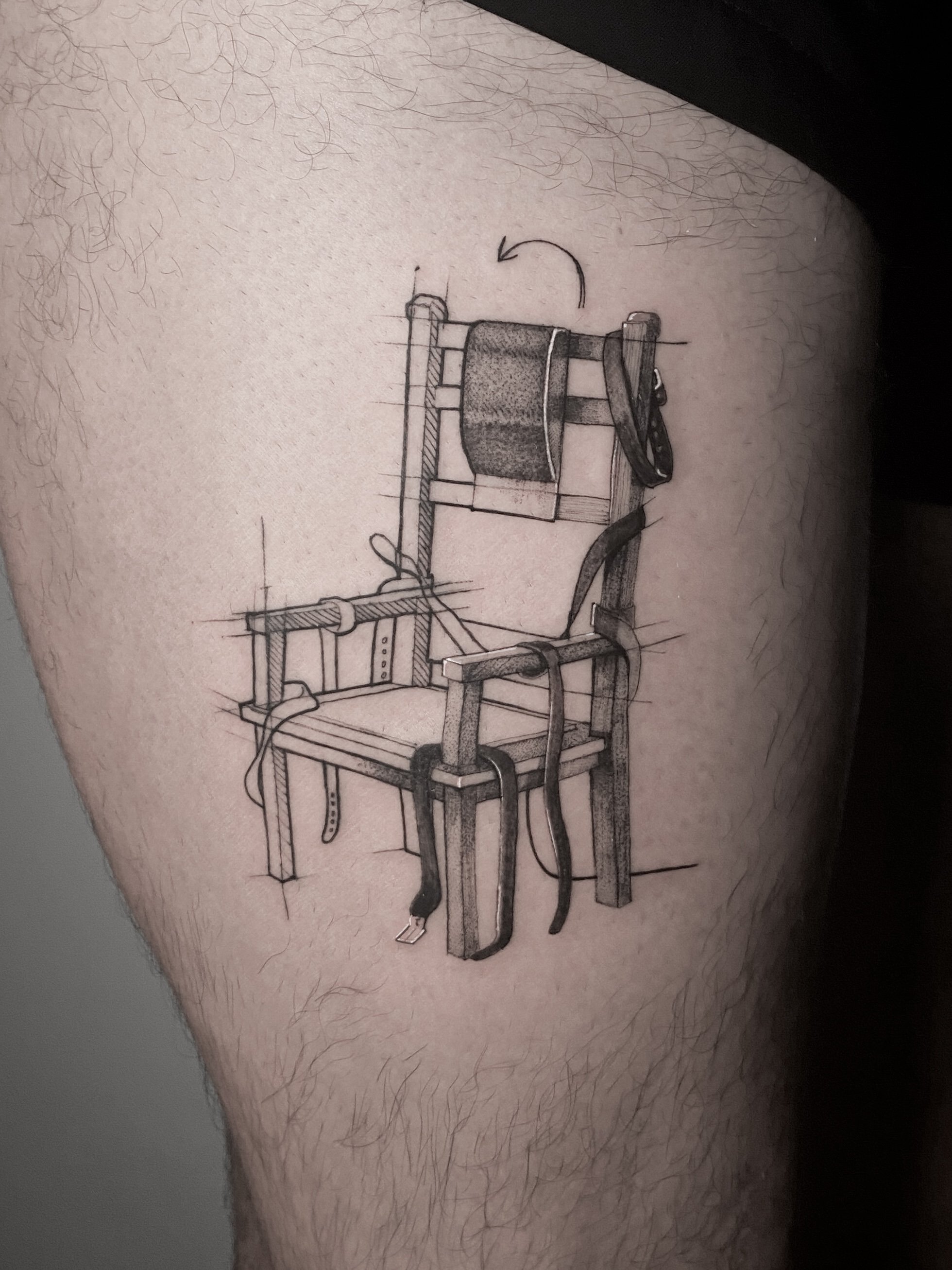 Sketch style / blueprint / sketch tattoo of electric chair. half sketch, half realism tattoo.