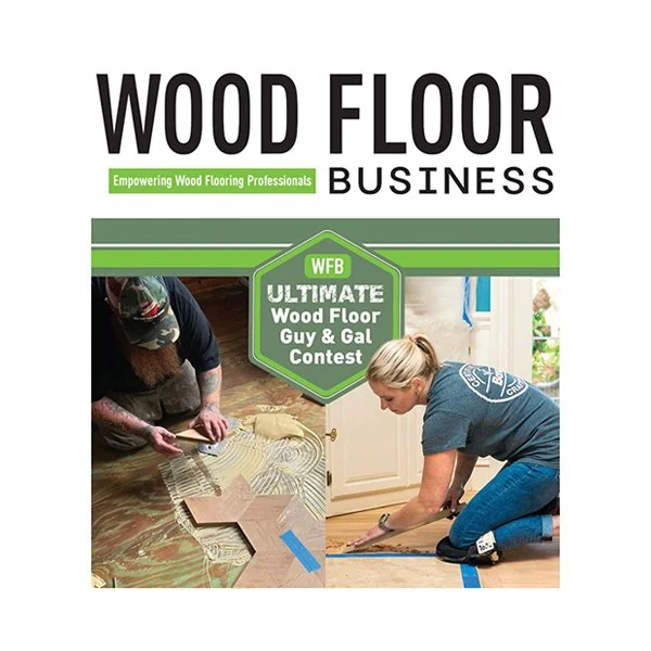 Cover of a publication promoting the wood flooring business with a contest, showing a man and a woman installing wood flooring.