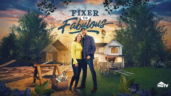 Two people, a woman in a yellow sweater and a man in a plaid shirt, standing outdoors in front of a small house under a colorful sky, with trees and construction tools around, promoting a fixer-upper to fabulous theme for HGTV.