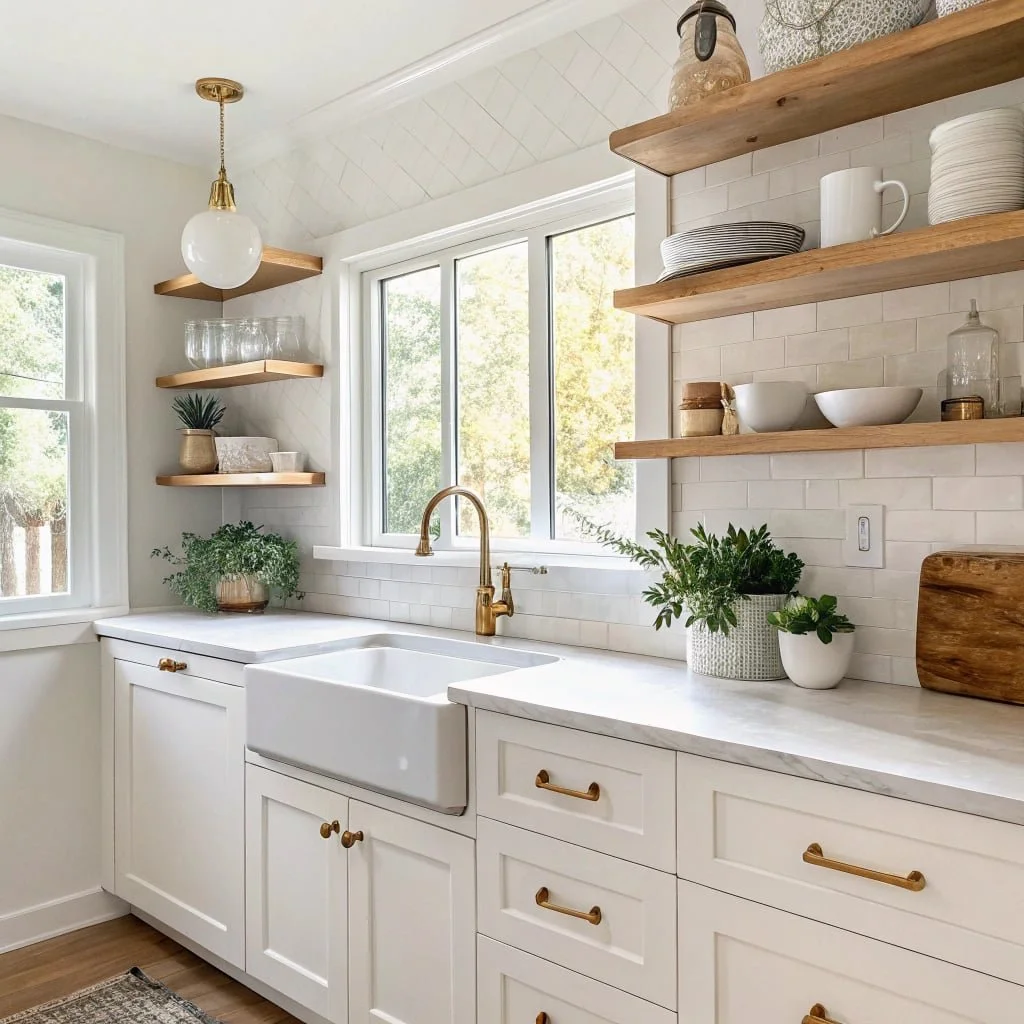 Bright, modern kitchen with white and light gray cabinets, white marble island with wooden bar stools, gold accents, and large windows letting in natural light.