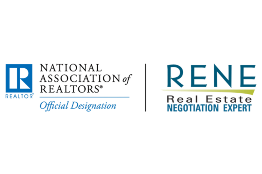 Logo of the National Association of Realtors with text 'Official Designation' and logo of Rene, a real estate negotiation expert.