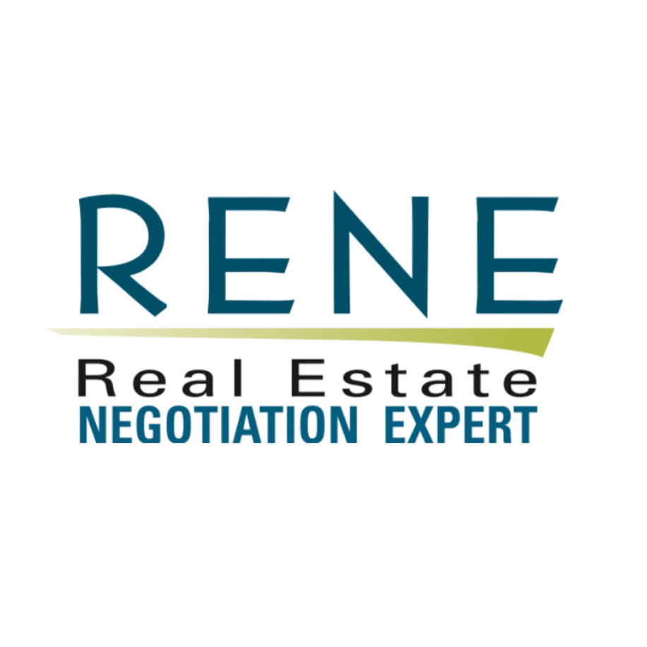 Logo with the text 'RENE' in large blue letters, 'Real Estate' underneath, and 'Negotation Expert' at the bottom in blue, with a curved line beneath 'RENE'.