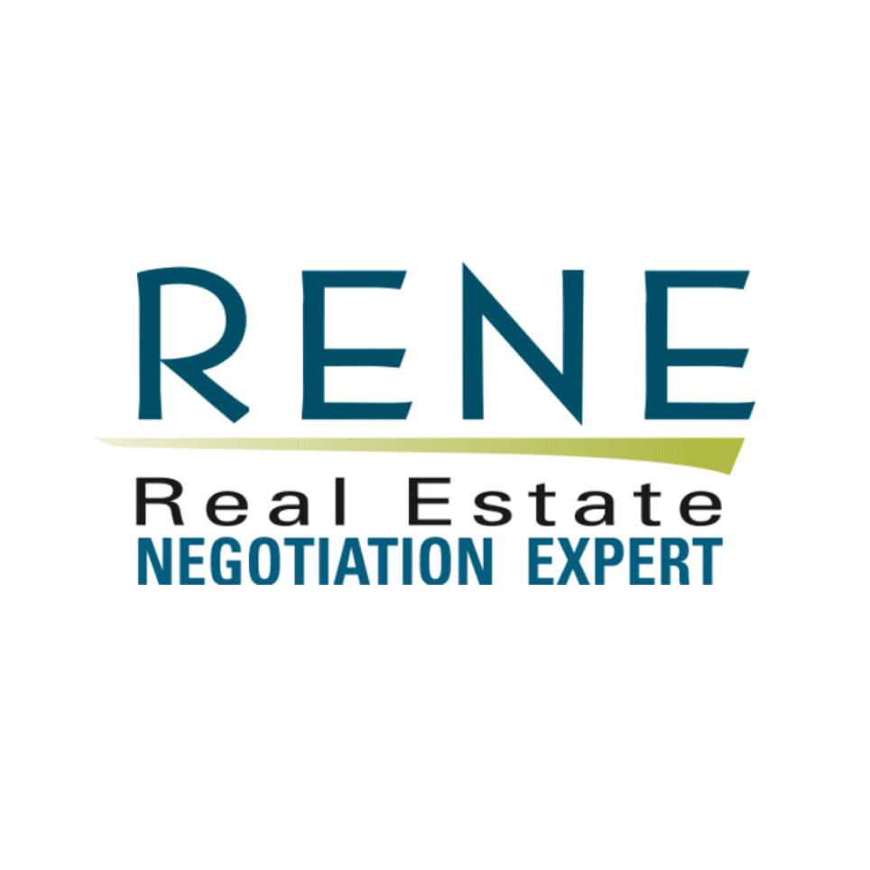 Logo for Rene Real Estate, featuring the name 'Rene' with 'Real Estate' beneath it, and 'Negotiation Expert' at the bottom in blue, with an abstract swoosh underneath 'Rene'.