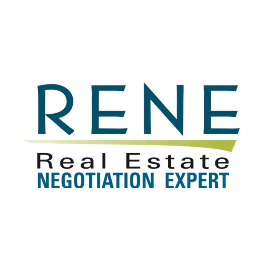 Logo for RENE Real Estate Negotiation Expert, featuring large blue text 'RENE' with a yellow underline, and smaller black and blue text 'Real Estate' and 'Negotiation Expert' underneath.
