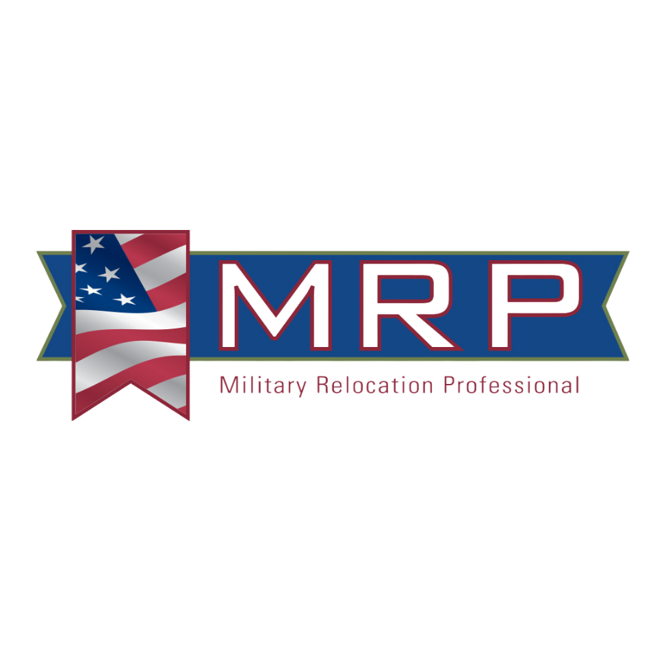 Logo for Military Relocation Professional, featuring a ribbon with the American flag and the acronym MRP.