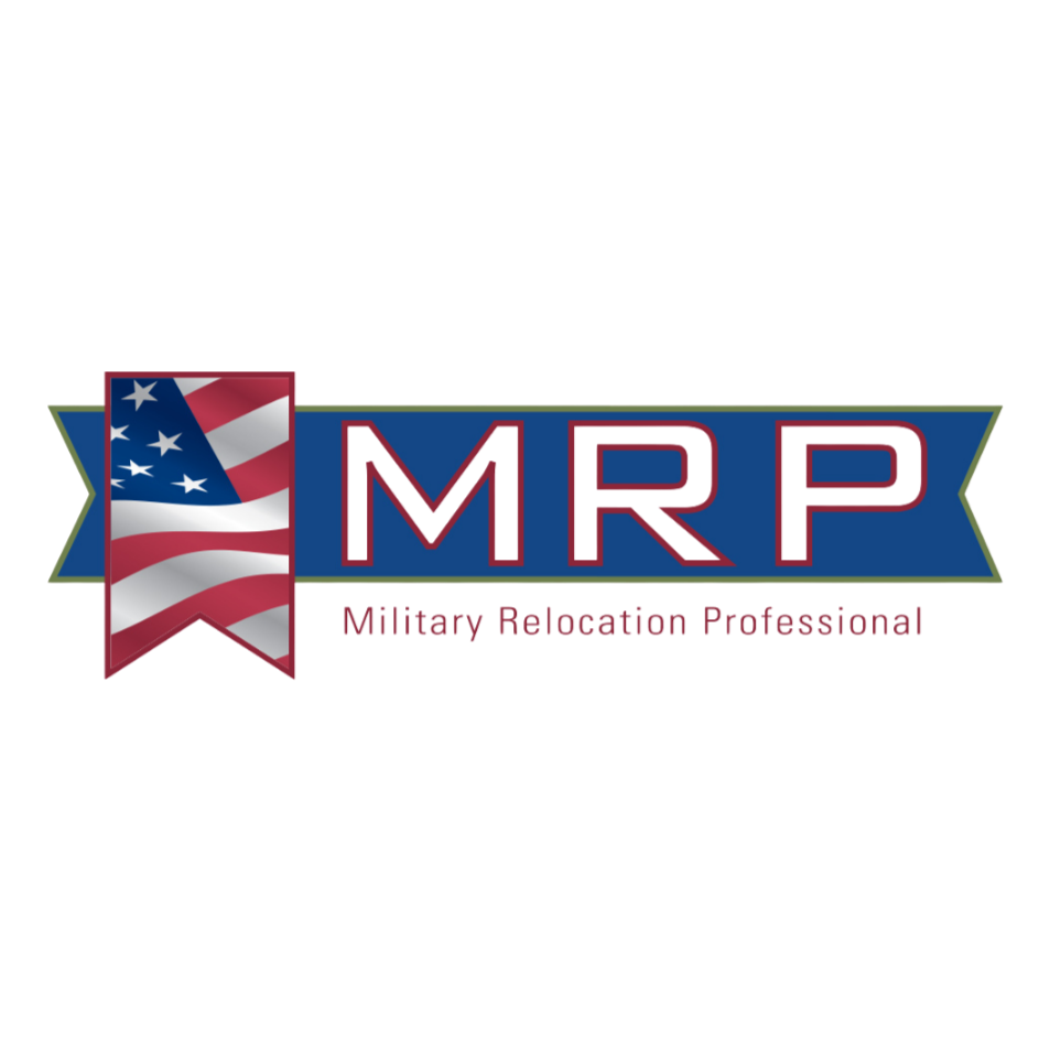 Logo for Military Relocation Professional (MRP), featuring an American flag motif and red, white, and blue colors with the company's abbreviation and full name.