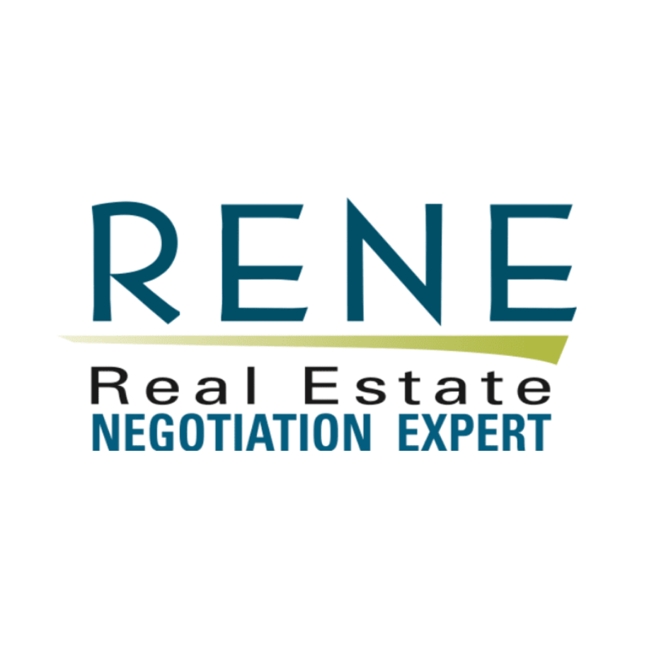 Logo for Rene Real Estate featuring large blue letters, a yellow underline, and the words "Negotiation Expert" in blue