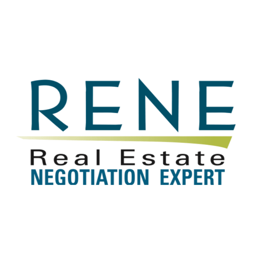 Logo for RENE Real Estate Negotiation Experts with stylized text and a horizontal line.