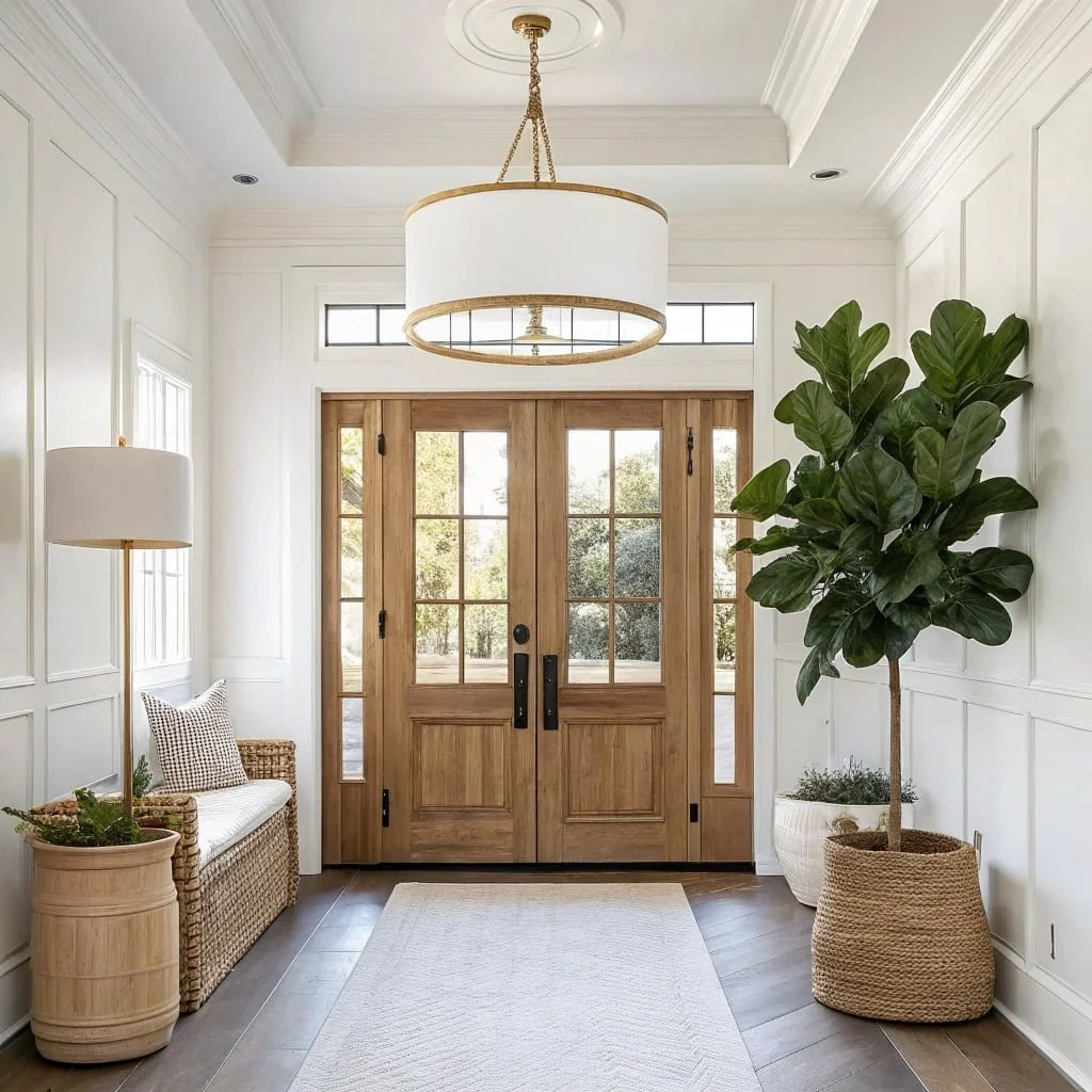 Entryway with wooden double front door, white walls with paneling, large potted fiddle leaf fig tree, woven basket, bench with pillow, floor lamp, and modern chandelier.