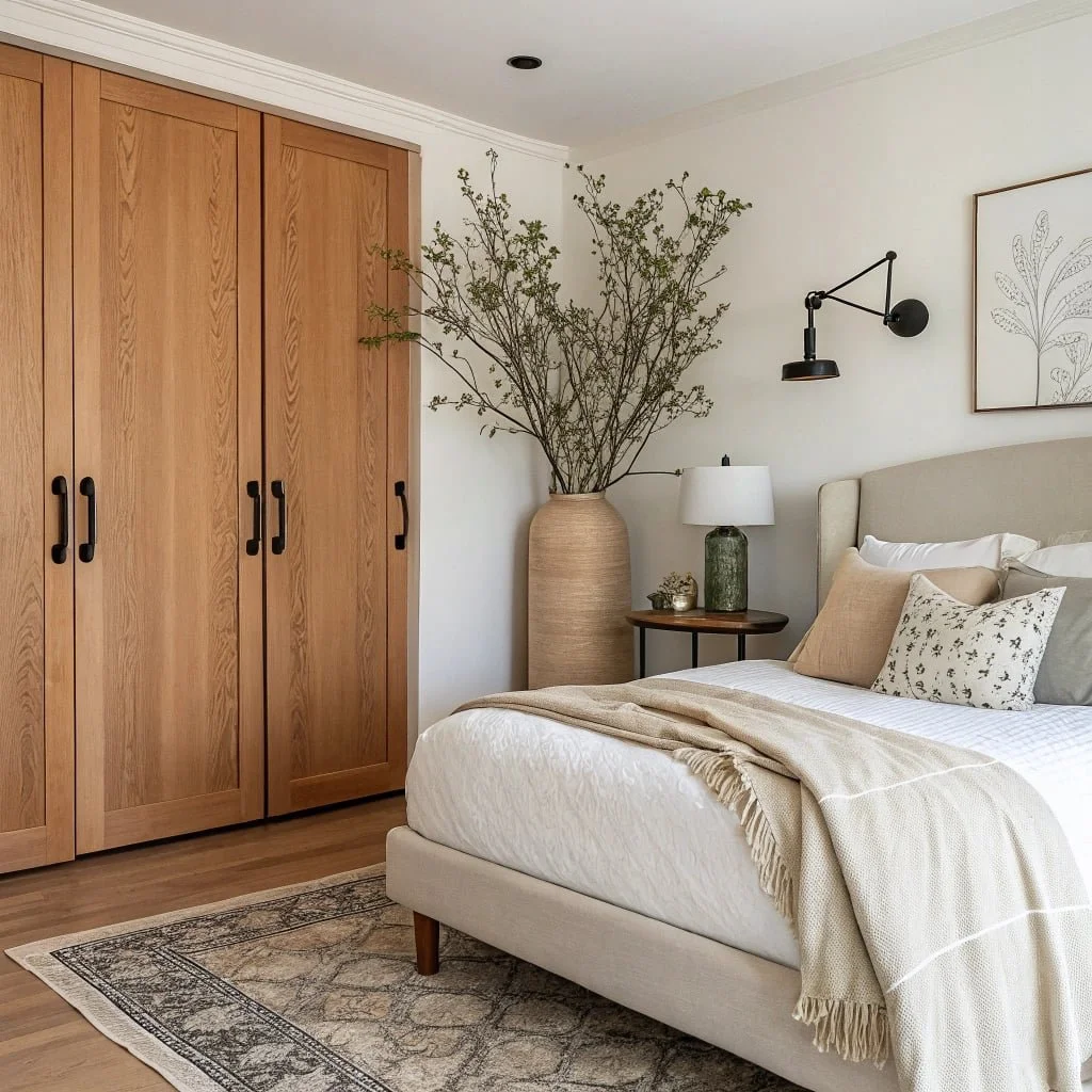 A neatly made bed with beige, white, and floral-patterned pillows, a beige throw blanket, and a beige upholstered headboard in a bedroom with a wooden wardrobe, a nightstand with a green lamp and white shade, a large vase with tall branches, and framed botanical artwork on the wall.