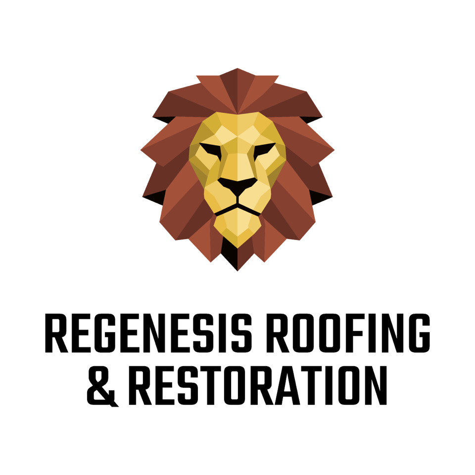 Logo featuring a stylized geometric lion head above the text 'REGENESIS ROOFING & RESTORATION' on a black background.