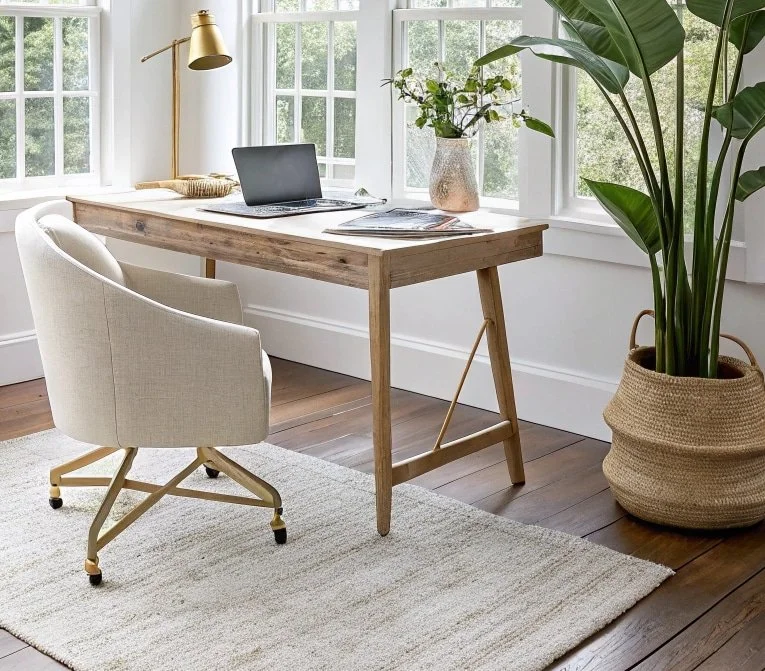 Home office desk setup with a wooden desk, a beige swivel chair, a gold desk lamp, a gray laptop, magazines, and a large potted plant near windows with greenery outside.