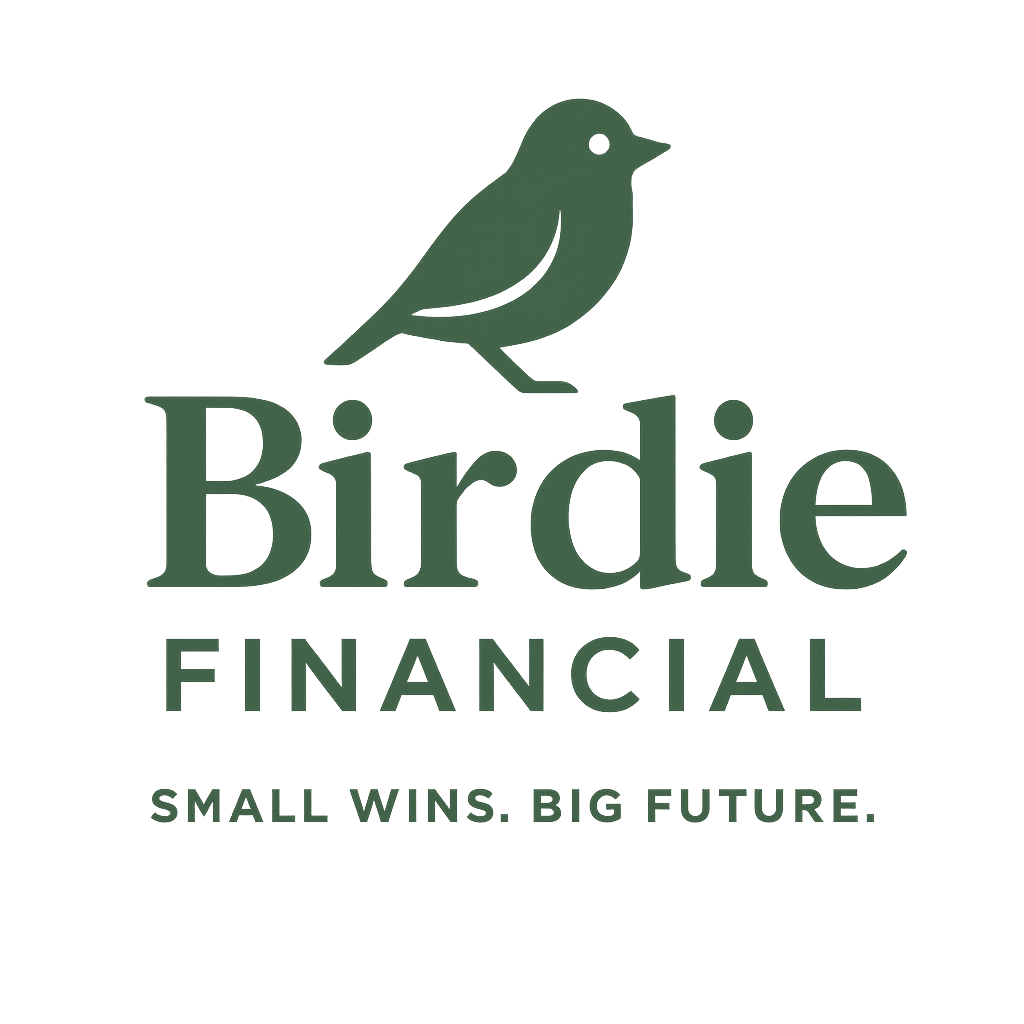 Logo for Birdie Financial featuring a stylized green bird above the company name, with the slogan 'Small Wins. Big Future.'