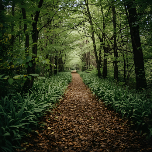 A dirt trail through a green wooded forest with lush foliage and trees on both sides, leading into the distance.