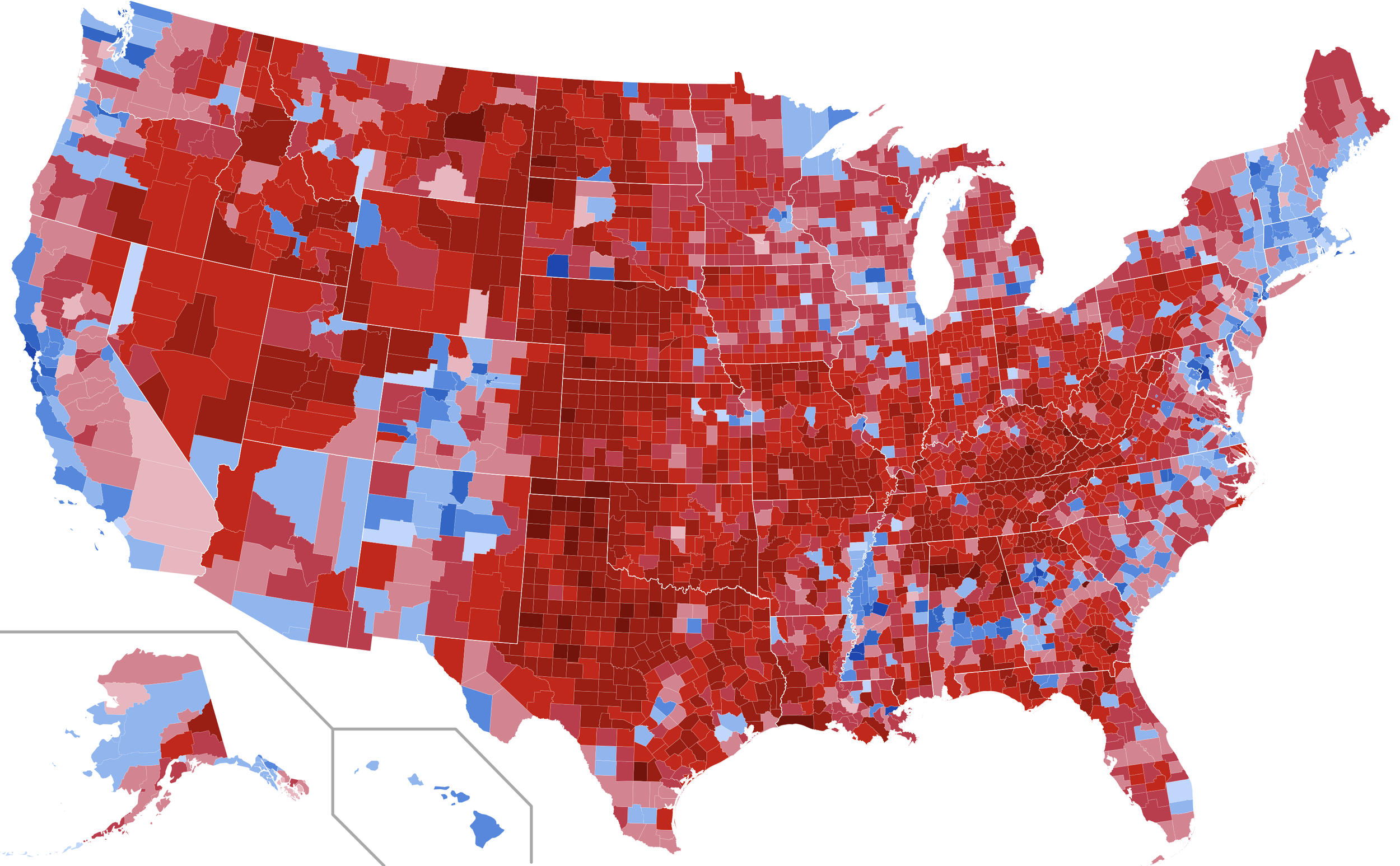 A US map displaying each county in shades of red and blue, illustrating voting patterns with a concentration of red across most states and pockets of blue in specific areas.