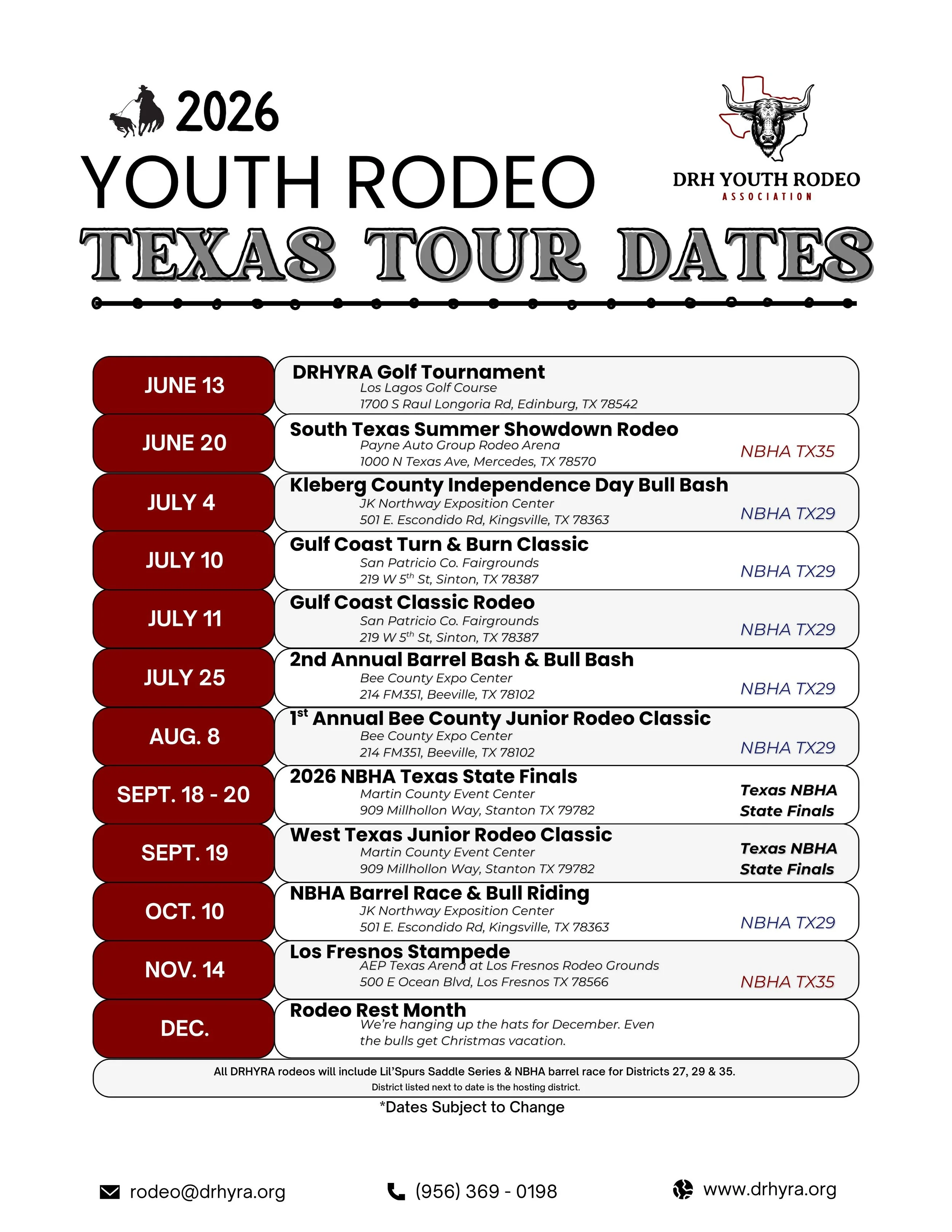 2026 Youth Rodeo Texas tour dates poster with schedule from June to December, including rodeo events and locations in Texas, organized by DRH Youth Rodeo.