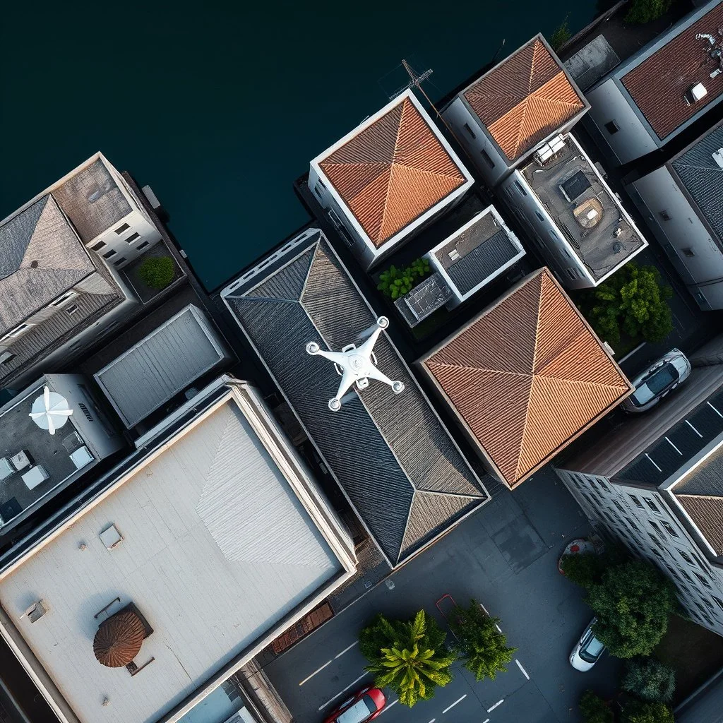 Vue aérienne de bâtiments résidentiels avec toits en tuiles rouges et autres couleurs, y compris une partie d'eau au sommet de l'image, et une rue avec des voitures, ainsi que des arbres.