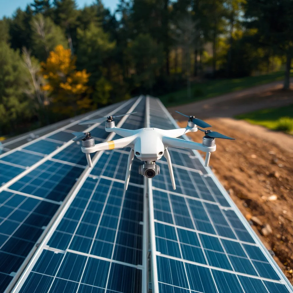 Un drone blanc posé sur un panneau solaire en plein air avec un paysage forestier en arrière-plan.