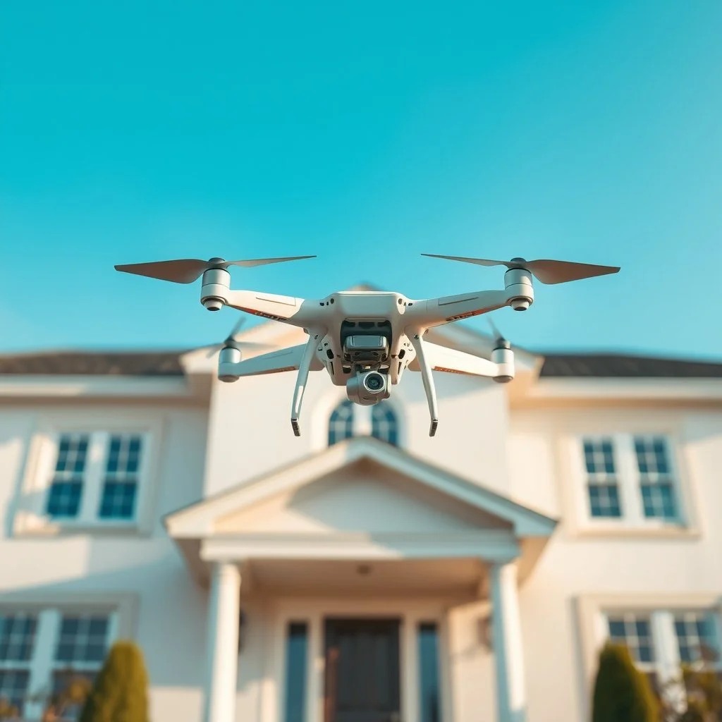 Un drone volant devant une maison blanche avec un toit en pente et des fenêtres à double vitrage, sous un ciel bleu clair.