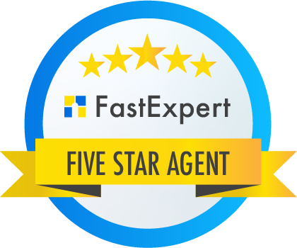 A badge with five gold stars above the text "FastExpert" and a yellow banner saying "FIVE STAR AGENT" on a blue background.