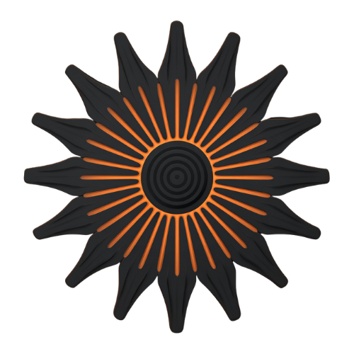 A decorative black and orange sunburst ornament with sharp petal-like shapes radiating from a spiral center.