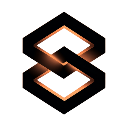 A 3D black and copper geometric logo resembling an abstract letter S or infinity symbol against a black background.