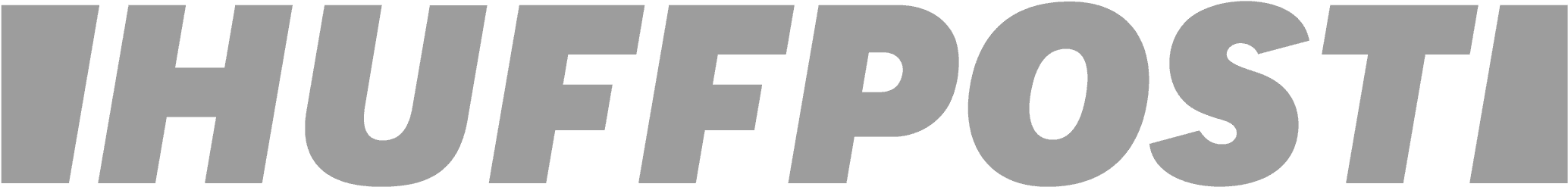 Close-up of the word 'HUFFPOST' in large, bold, gray letters on a black background.