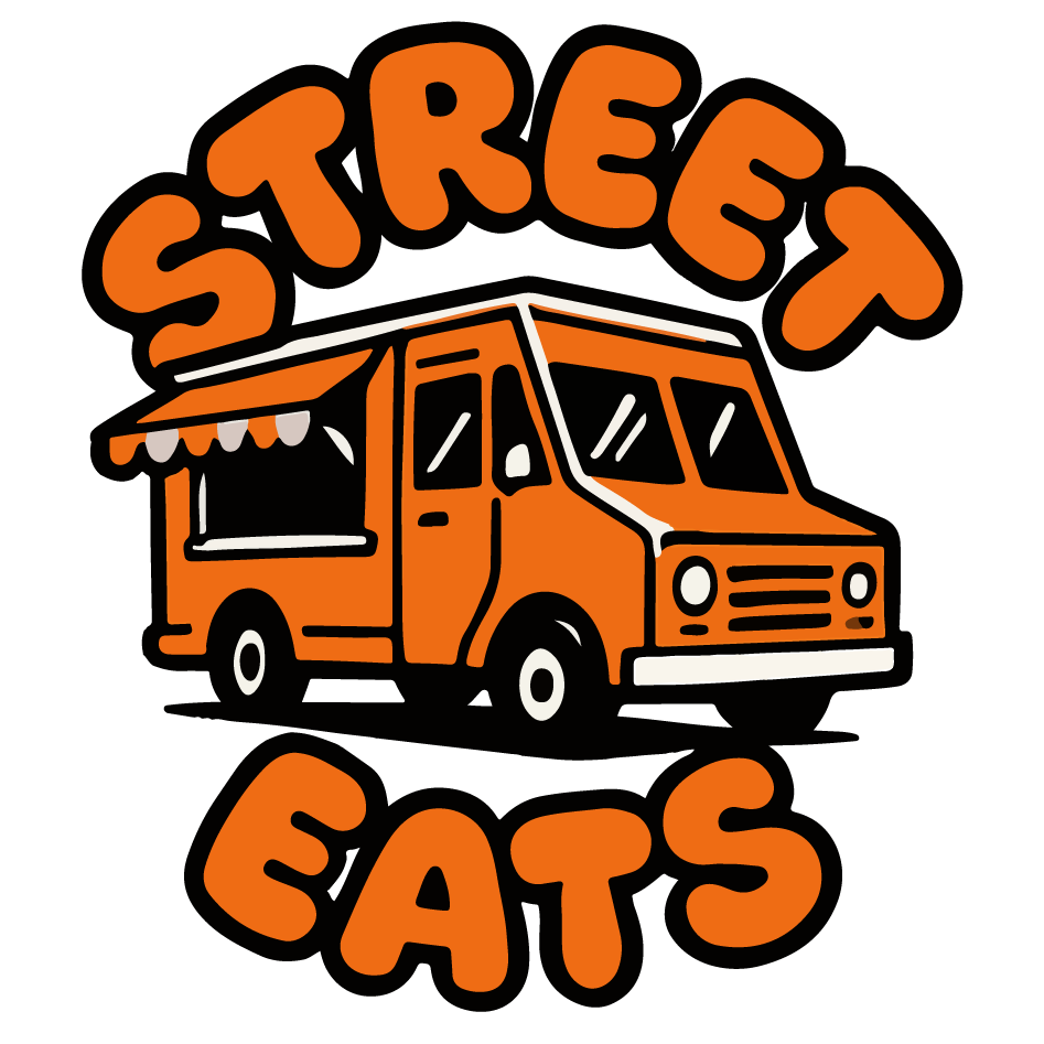 Illustration of an orange food truck with the words "Street Eats" in large orange letters above and below the truck on a black background.