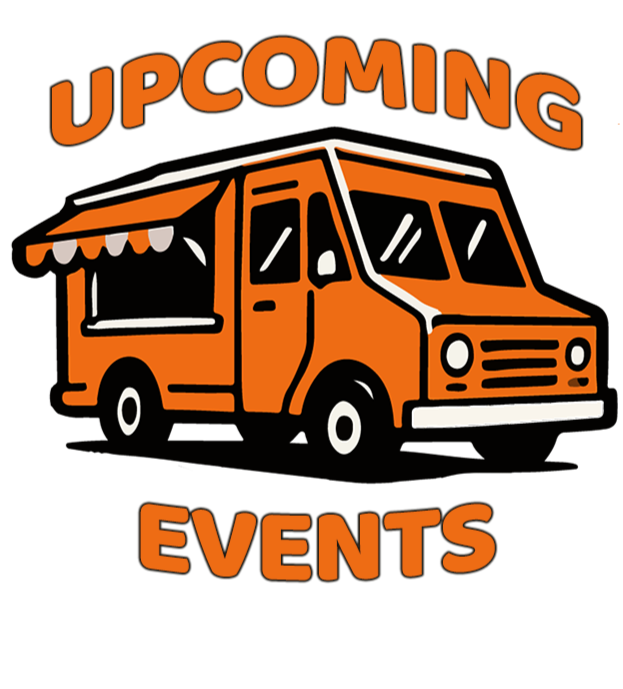 Illustration of a food truck with the words "Upcoming Events" above and below it.