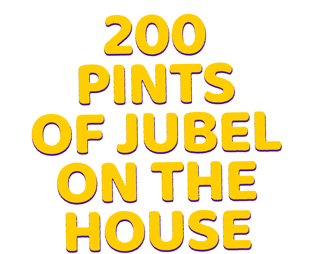 Text in yellow and purple reading '200 Pints of Jubilee on the House' on a black background.