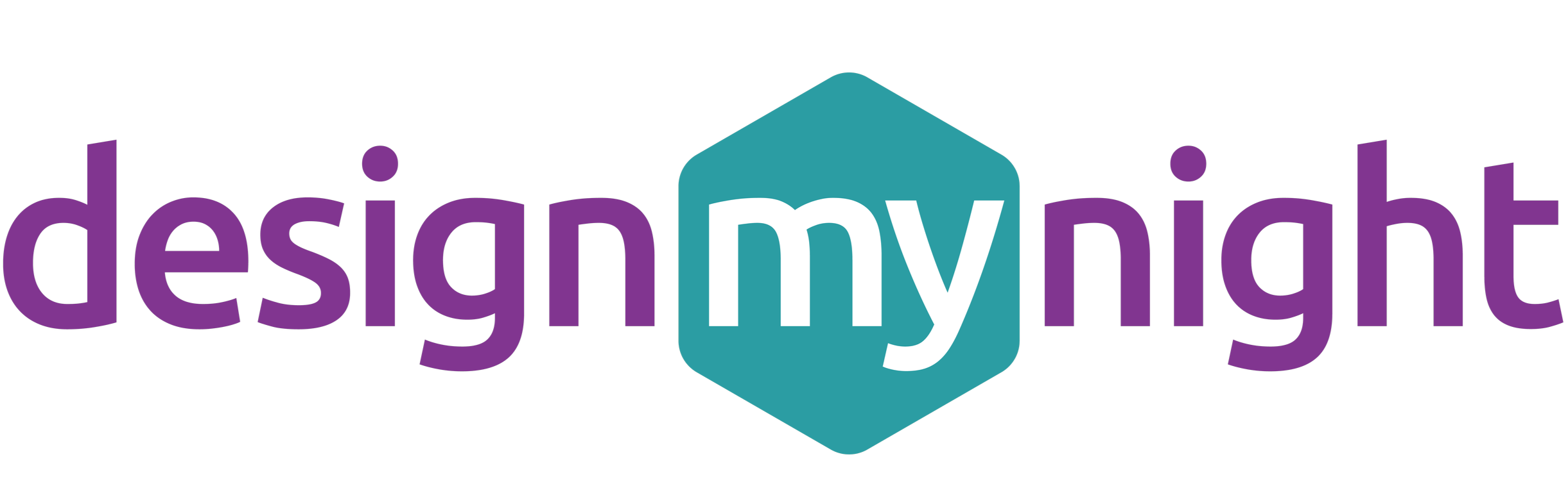 Design My Night logo with the words in purple and a teal hexagon with white 'my' in the center.