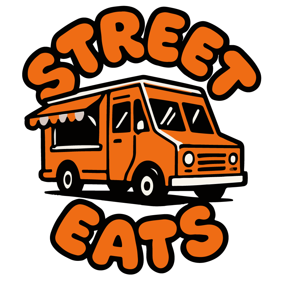 A graphic of an orange food truck with an awning, surrounded by the words 'Street Eats' in large orange letters on a black background.