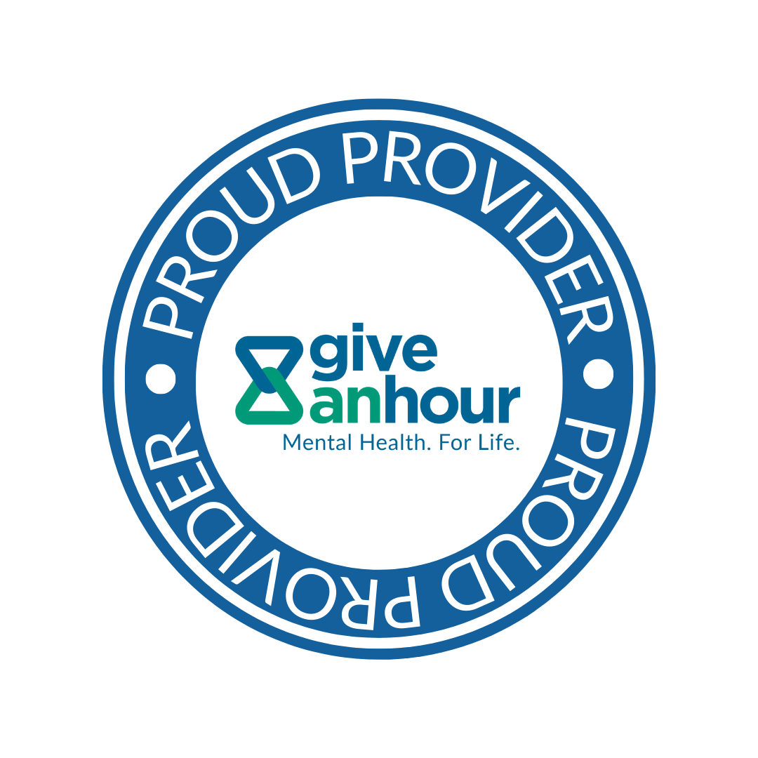 Circular badge with the words 'PROUD PROVIDER' repeated around the edge. Inside, the logo includes an hourglass symbol with the words 'give an hour' and the tagline 'Mental Health. For Life.'