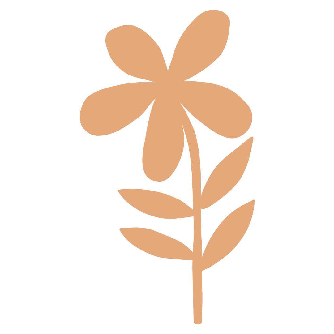 A stylized, minimalist illustration of a flower with five petals and three leaves, in a beige color on a black background.
