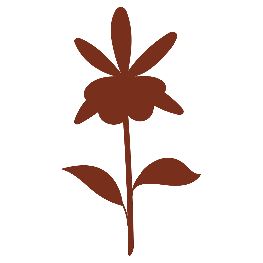 Silhouette of a brown flower with five petals, two leaves, and a stem