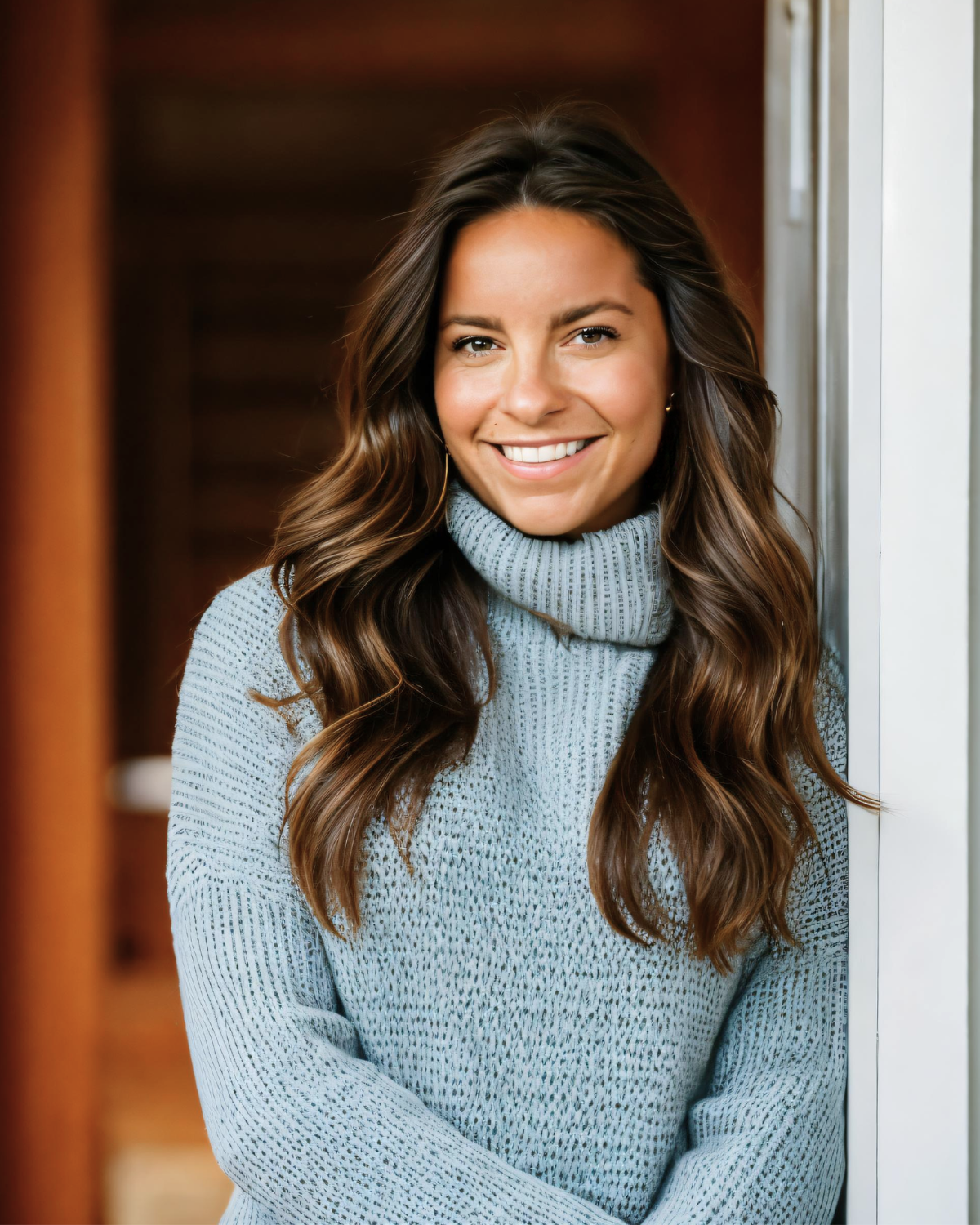 A young woman with long wavy brown hair smiling while standing indoors near a window, wearing a gray turtleneck sweater.